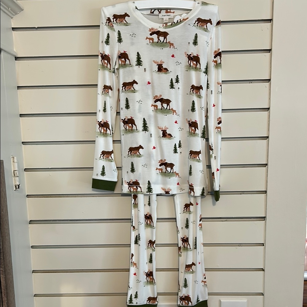 Angel Dear White and Green Pajama Sets with Playful Moose Forest Design